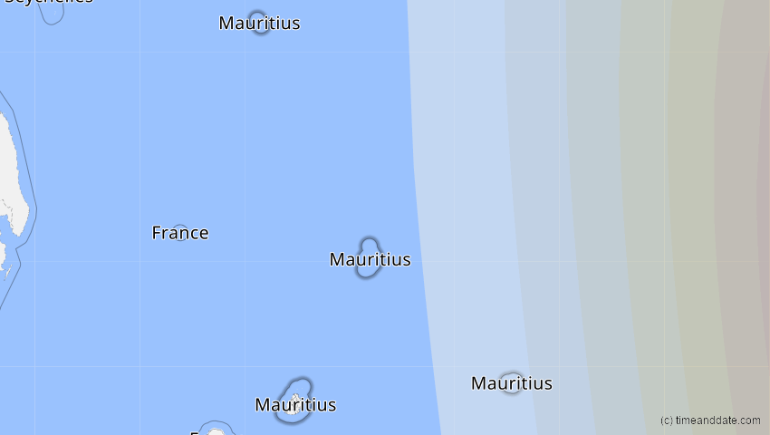 A map of Mauritius, showing the path of the 22. Jul 2028 Totale Sonnenfinsternis