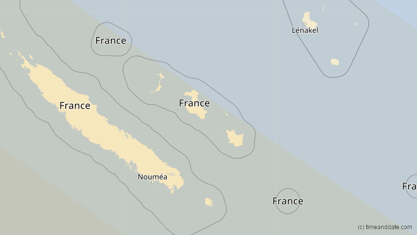 A map of New Caledonia, showing the path of the Jul 22, 2028 Total Solar Eclipse