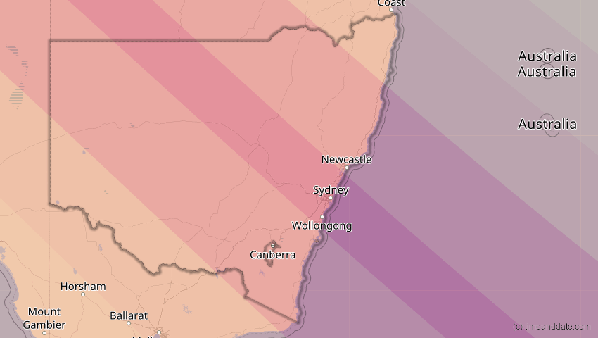A map of New South Wales, Australia, showing the path of the Jul 22, 2028 Total Solar Eclipse