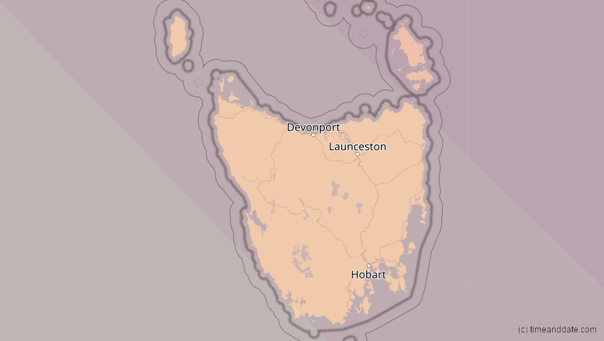 A map of Tasmania, Australia, showing the path of the Jul 22, 2028 Total Solar Eclipse