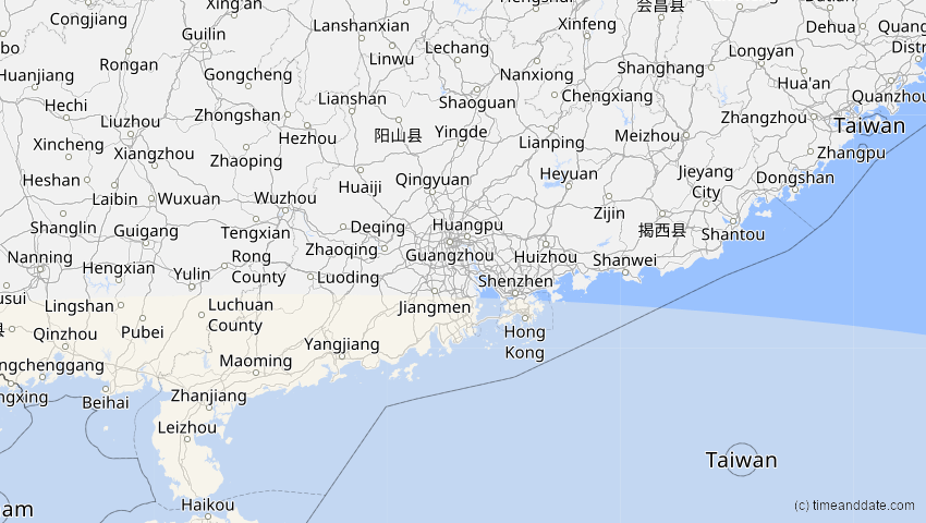 A map of Guangdong, China, showing the path of the Jul 22, 2028 Total Solar Eclipse