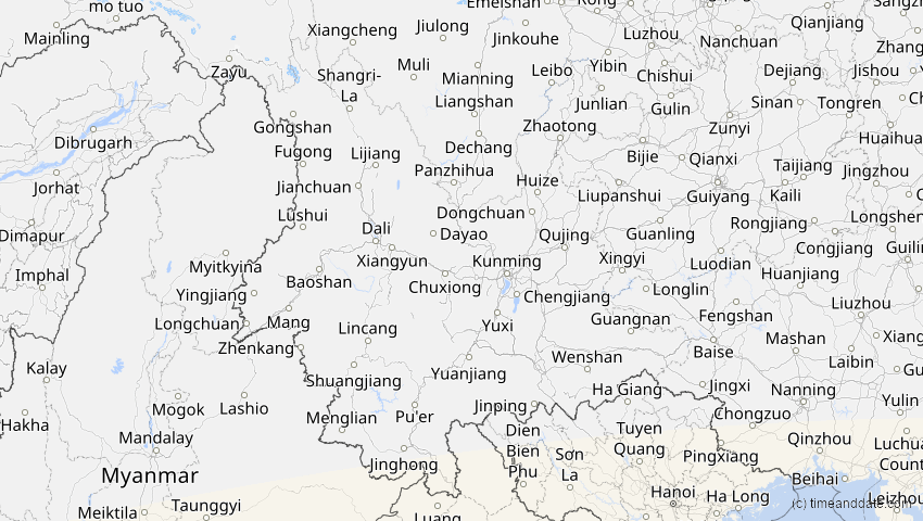 A map of Yunnan, China, showing the path of the 22. Jul 2028 Totale Sonnenfinsternis