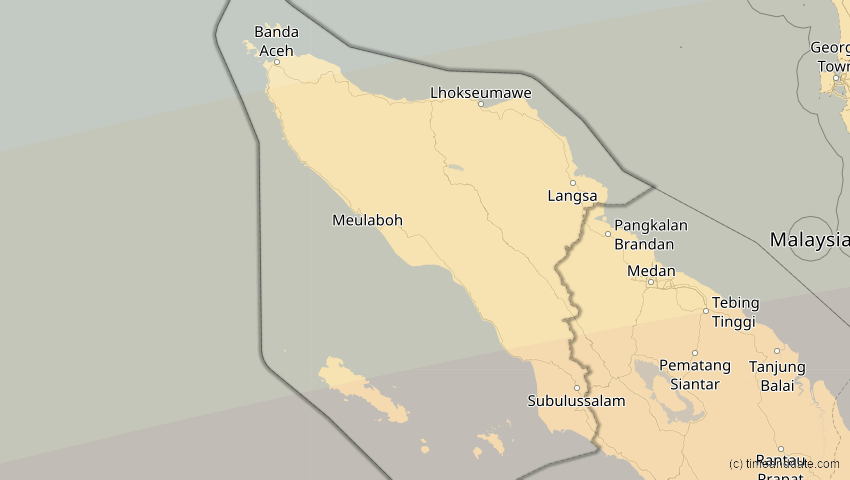 A map of Aceh, Indonesia, showing the path of the Jul 22, 2028 Total Solar Eclipse