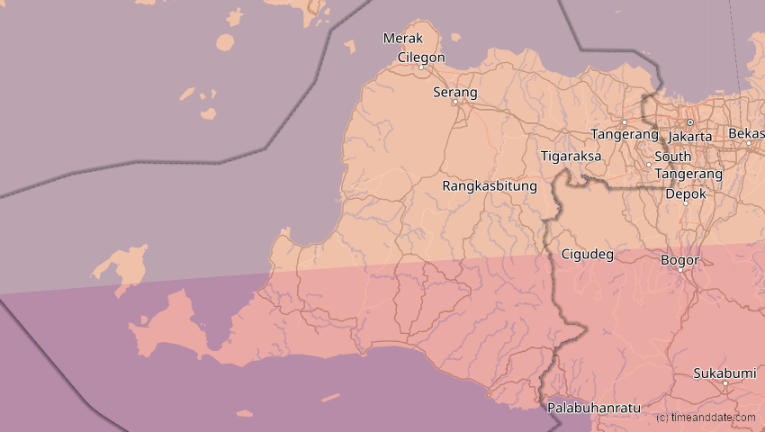 A map of Banten, Indonesia, showing the path of the Jul 22, 2028 Total Solar Eclipse