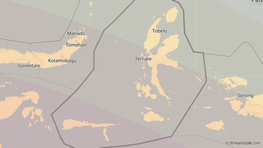A map of North Maluku, Indonesia, showing the path of the Jul 22, 2028 Total Solar Eclipse
