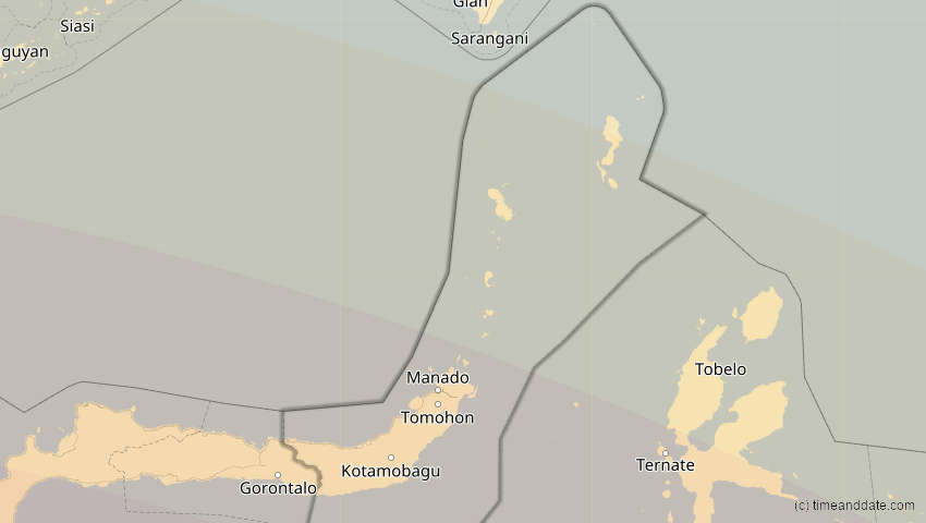 A map of North Sulawesi, Indonesia, showing the path of the Jul 22, 2028 Total Solar Eclipse