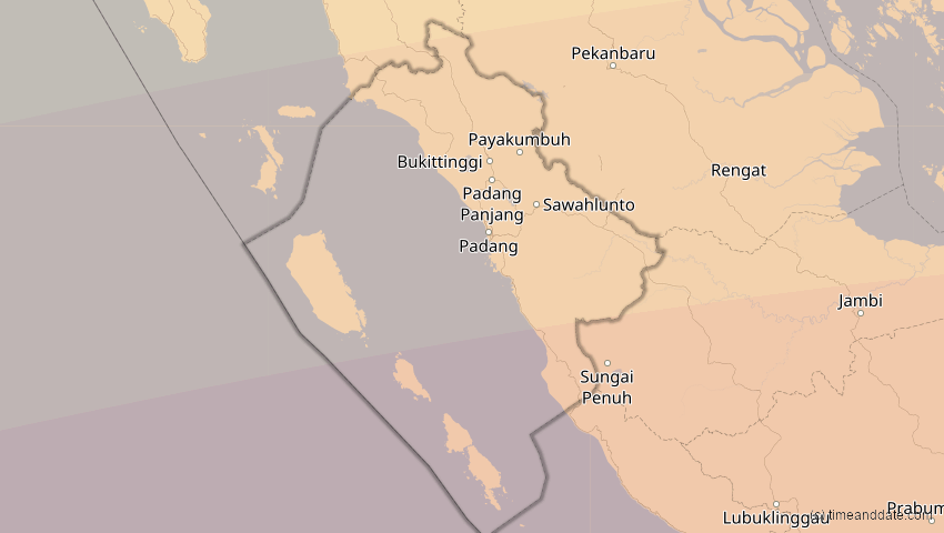 A map of West Sumatra, Indonesia, showing the path of the Jul 22, 2028 Total Solar Eclipse