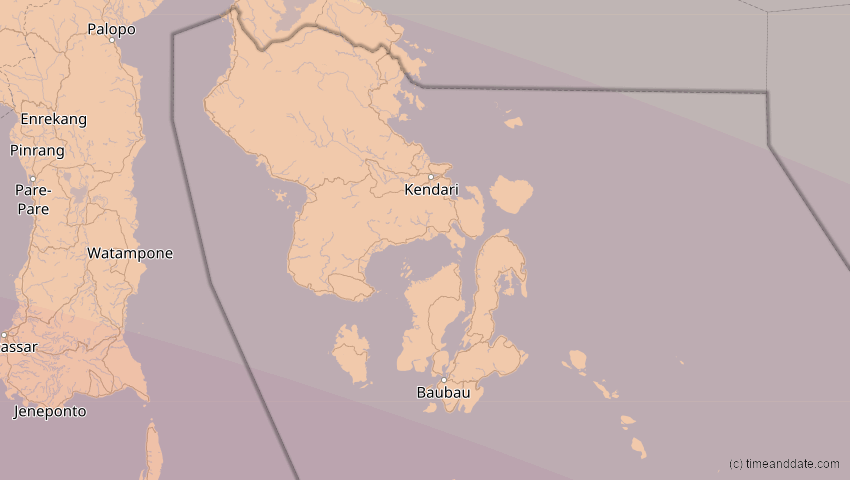 A map of South East Sulawesi, Indonesia, showing the path of the Jul 22, 2028 Total Solar Eclipse
