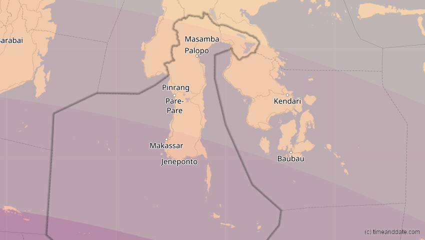A map of South Sulawesi, Indonesia, showing the path of the Jul 22, 2028 Total Solar Eclipse