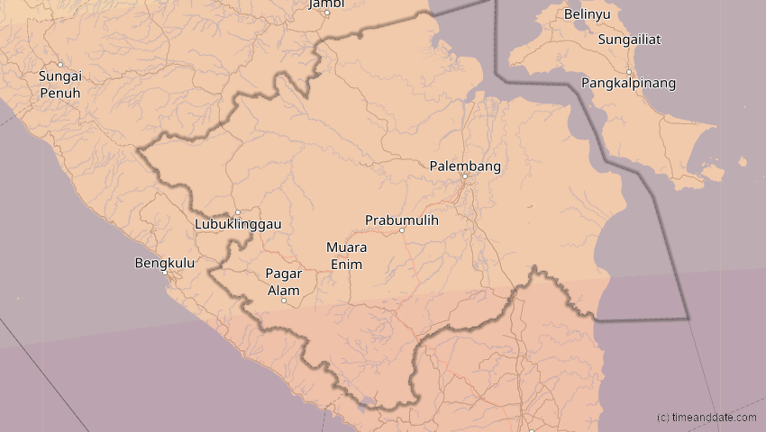 A map of South Sumatra, Indonesia, showing the path of the Jul 22, 2028 Total Solar Eclipse