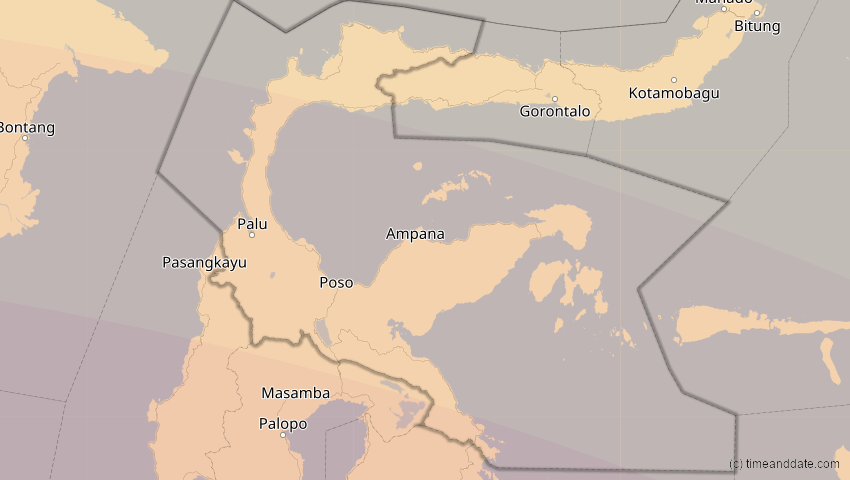 A map of Central Sulawesi, Indonesia, showing the path of the Jul 22, 2028 Total Solar Eclipse