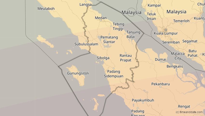 A map of North Sumatra, Indonesia, showing the path of the Jul 22, 2028 Total Solar Eclipse