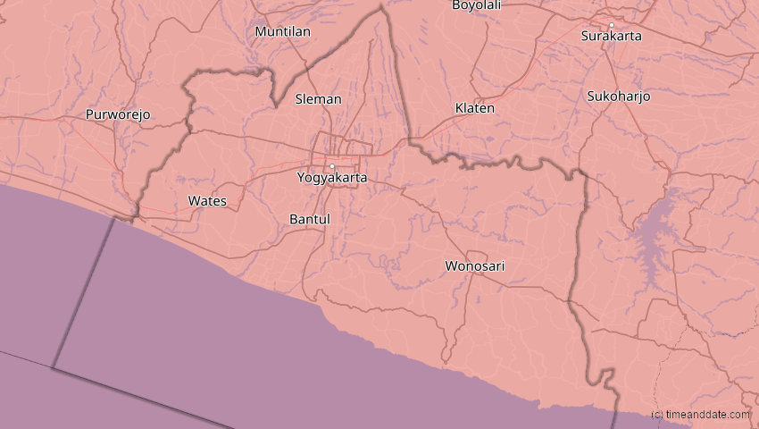 A map of Special Region of Yogyakarta, Indonesia, showing the path of the 2028年7月22日 (土) Total Solar Eclipse