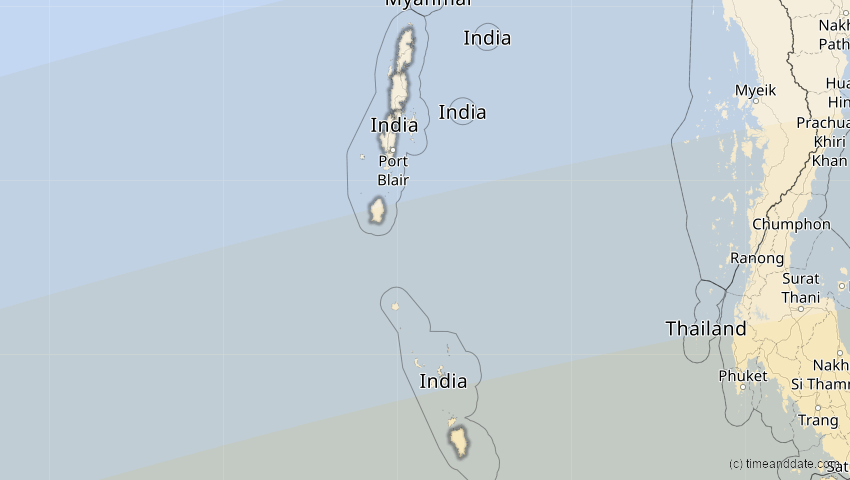 A map of Andamanen und Nikobaren, Indien, showing the path of the 22. Jul 2028 Totale Sonnenfinsternis