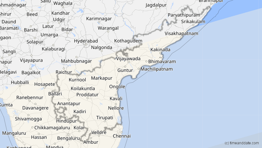A map of Andhra Pradesh, Indien, showing the path of the 22. Jul 2028 Totale Sonnenfinsternis