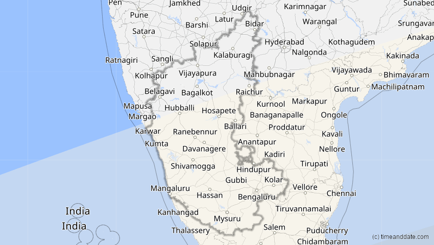 A map of Karnataka, Indien, showing the path of the 22. Jul 2028 Totale Sonnenfinsternis