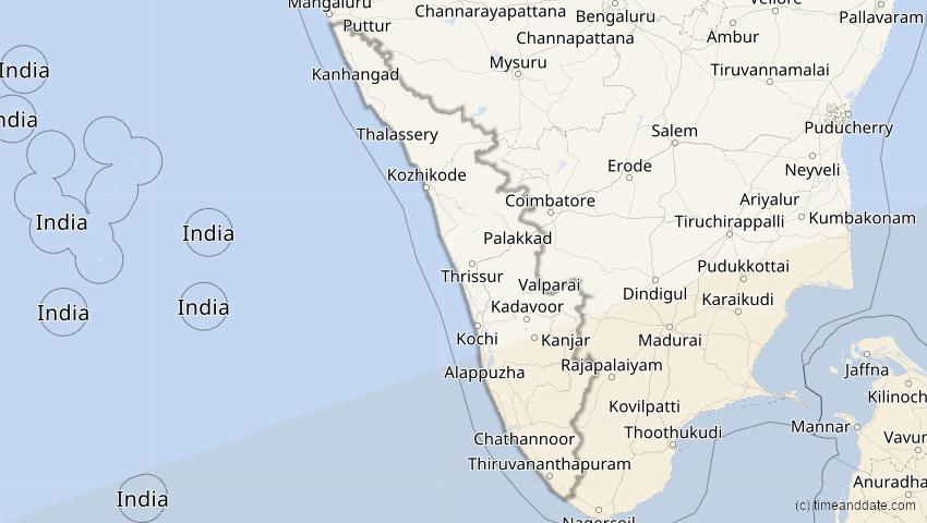 A map of Kerala, India, showing the path of the Jul 22, 2028 Total Solar Eclipse