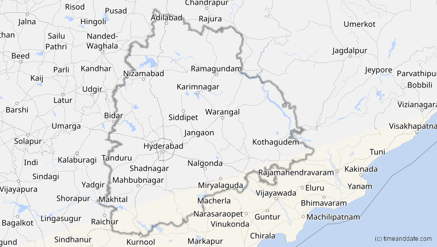 A map of Telangana, Indien, showing the path of the 22. Jul 2028 Totale Sonnenfinsternis