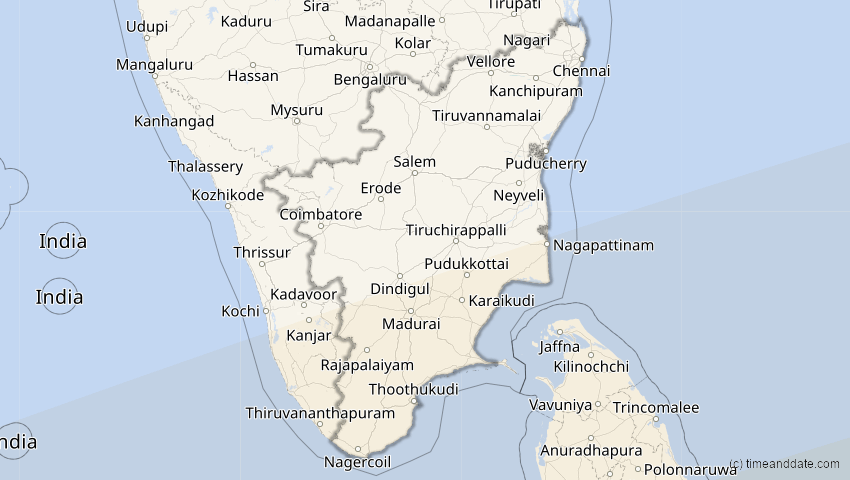 A map of Tamil Nadu, Indien, showing the path of the 22. Jul 2028 Totale Sonnenfinsternis