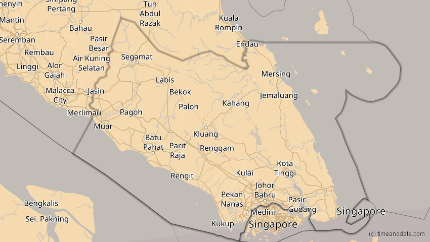 A map of Johor, Malaysia, showing the path of the Jul 22, 2028 Total Solar Eclipse