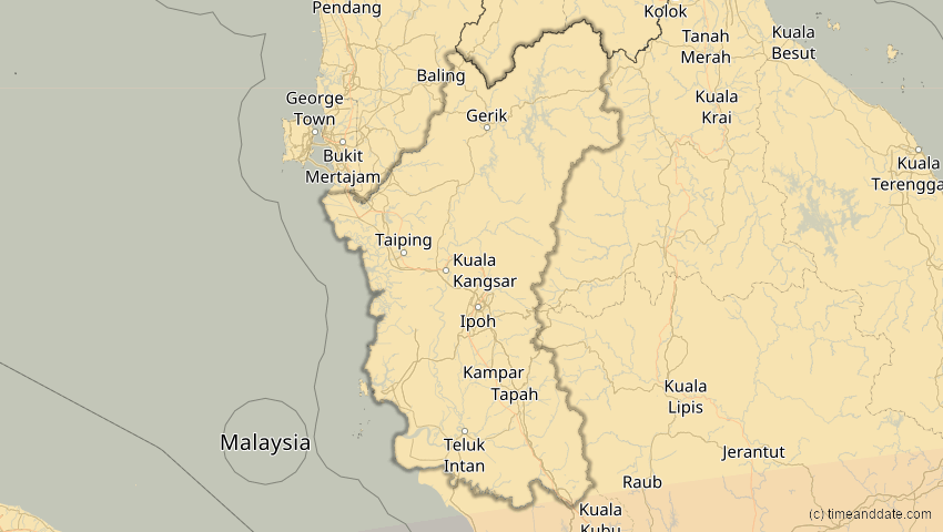 A map of Perak, Malaysia, showing the path of the Jul 22, 2028 Total Solar Eclipse