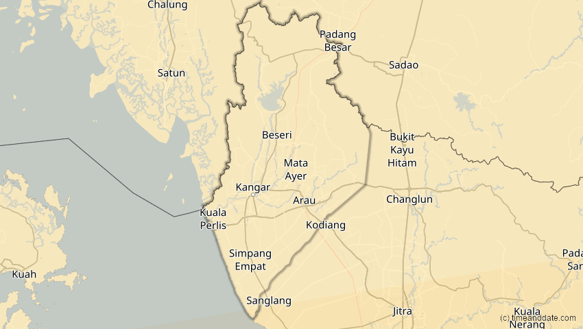 A map of Perlis, Malaysia, showing the path of the Jul 22, 2028 Total Solar Eclipse
