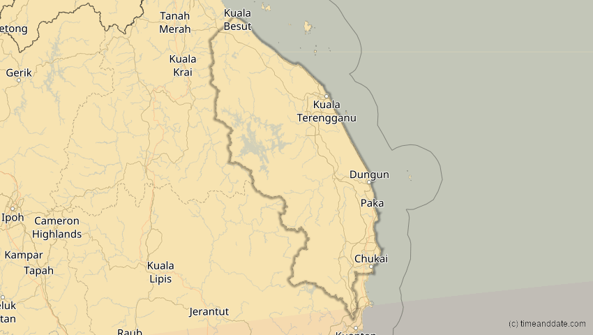 A map of Terengganu, Malaysia, showing the path of the 22. Jul 2028 Totale Sonnenfinsternis