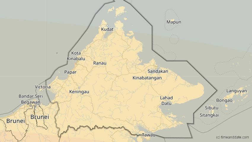 A map of Sabah, Malaysia, showing the path of the 22. Jul 2028 Totale Sonnenfinsternis