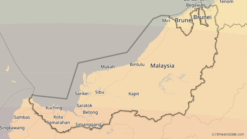A map of Sarawak, Malaysia, showing the path of the 22. Jul 2028 Totale Sonnenfinsternis