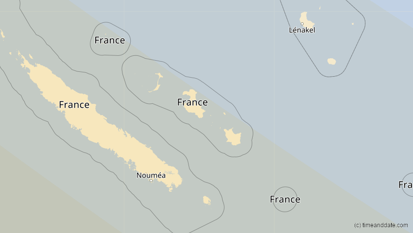 A map of New Caledonia, France, showing the path of the Jul 22, 2028 Total Solar Eclipse