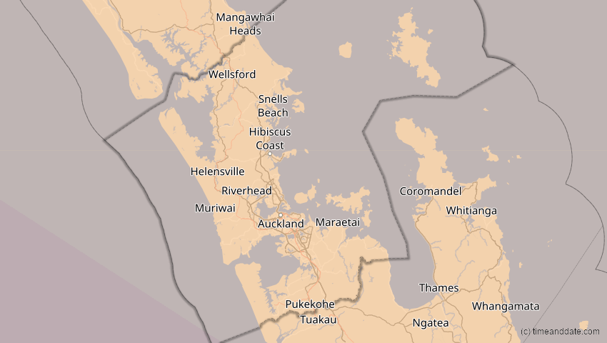 A map of Auckland, Neuseeland, showing the path of the 22. Jul 2028 Totale Sonnenfinsternis