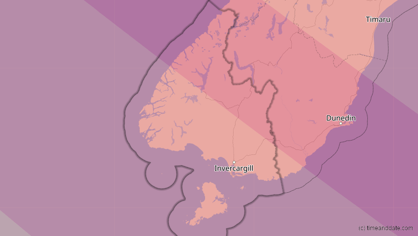 A map of Southland, New Zealand, showing the path of the 2028年7月22日 (土) Total Solar Eclipse