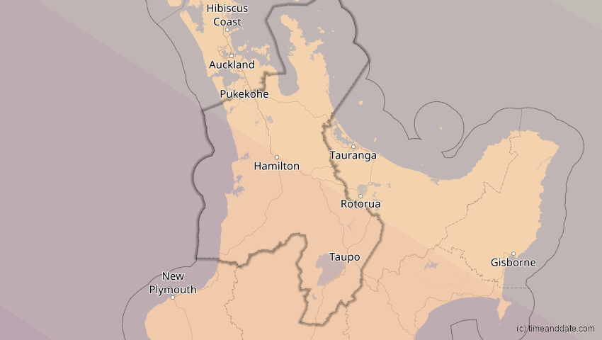 A map of Waikato, Neuseeland, showing the path of the 22. Jul 2028 Totale Sonnenfinsternis