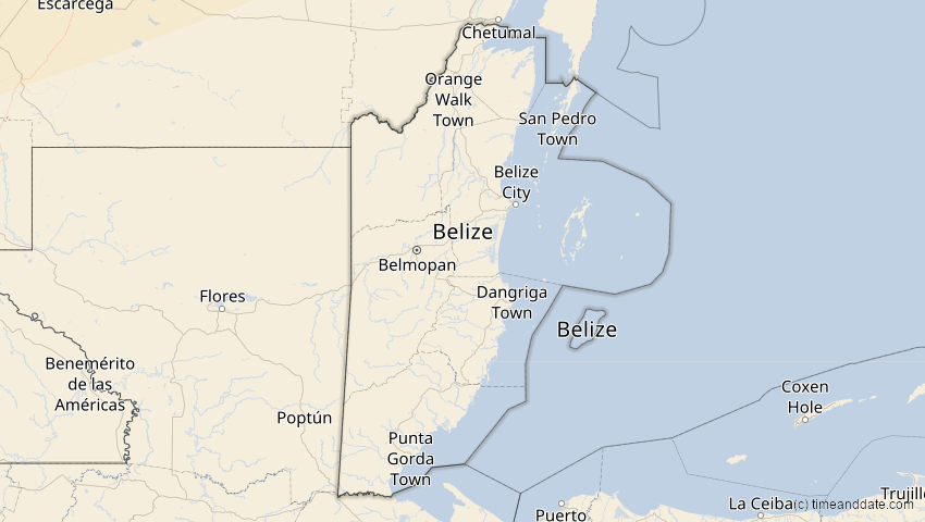 A map of Belize, showing the path of the 14. Jan 2029 Partielle Sonnenfinsternis