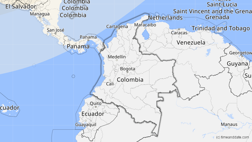 A map of Colombia, showing the path of the Jan 14, 2029 Partial Solar Eclipse