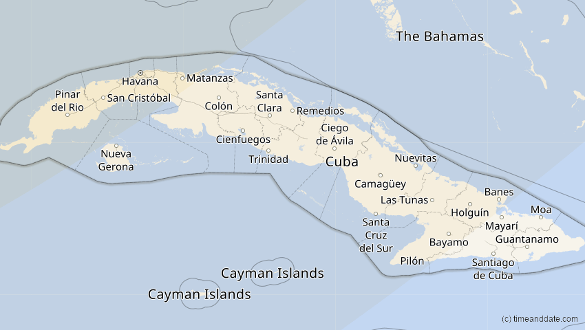 A map of Cuba, showing the path of the Jan 14, 2029 Partial Solar Eclipse