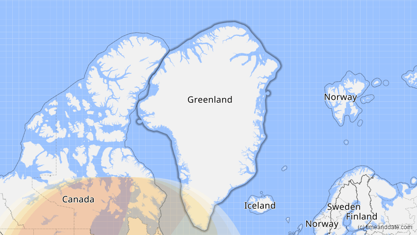 A map of Grönland, showing the path of the 14. Jan 2029 Partielle Sonnenfinsternis