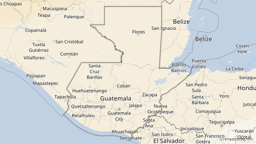 A map of Guatemala, showing the path of the 14. Jan 2029 Partielle Sonnenfinsternis