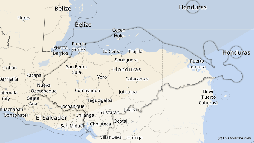 A map of Honduras, showing the path of the Jan 14, 2029 Partial Solar Eclipse
