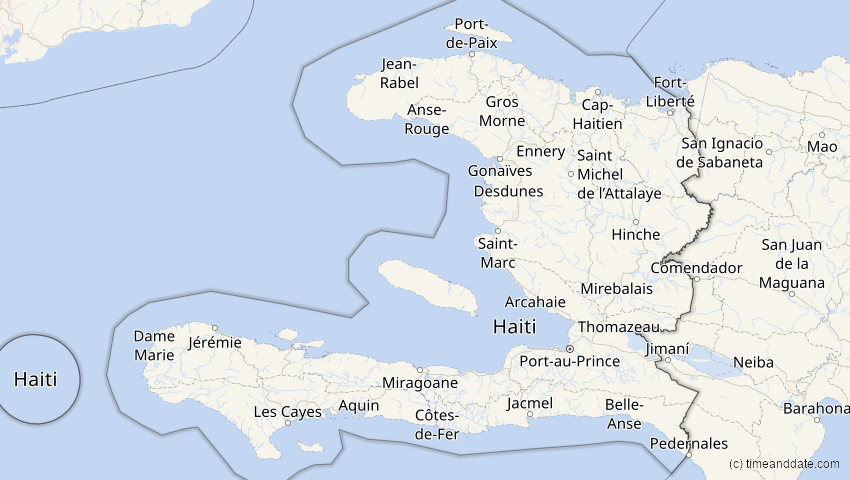 A map of Haiti, showing the path of the 14. Jan 2029 Partielle Sonnenfinsternis