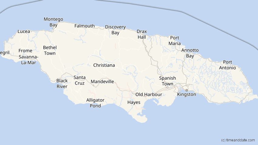 A map of Jamaica, showing the path of the Jan 14, 2029 Partial Solar Eclipse