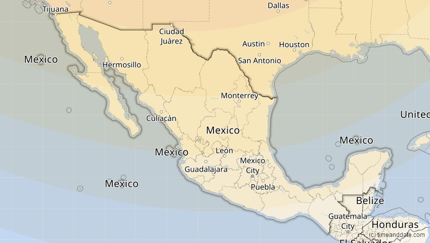 A map of Mexiko, showing the path of the 14. Jan 2029 Partielle Sonnenfinsternis