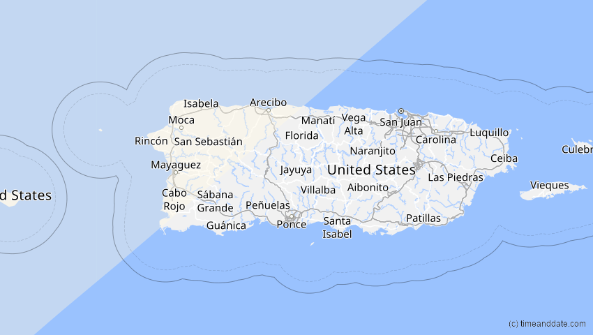 A map of Puerto Rico, showing the path of the 14. Jan 2029 Partielle Sonnenfinsternis