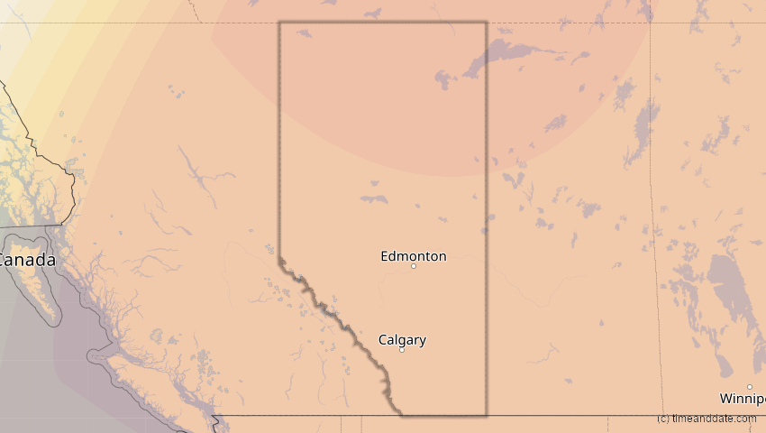A map of Alberta, Kanada, showing the path of the 14. Jan 2029 Partielle Sonnenfinsternis