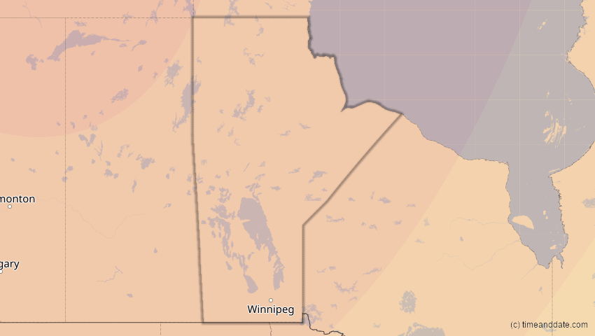 A map of Manitoba, Kanada, showing the path of the 14. Jan 2029 Partielle Sonnenfinsternis