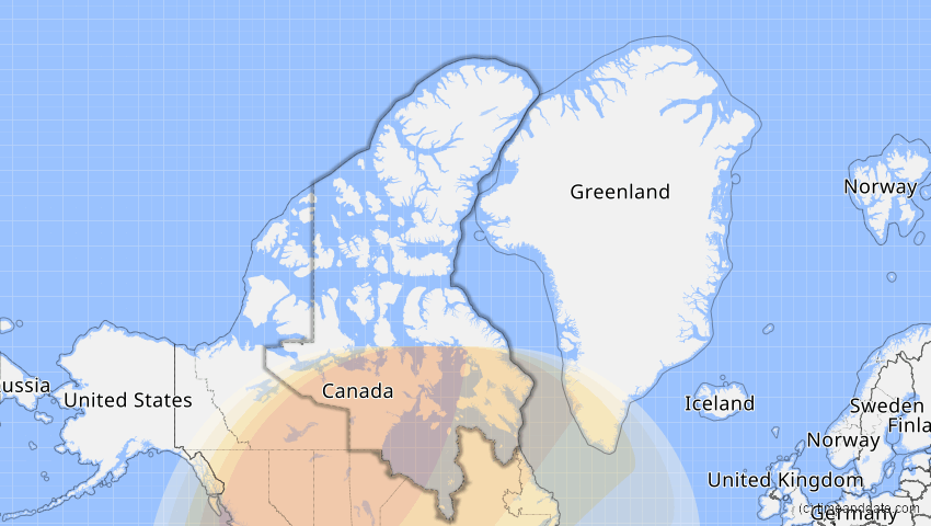 A map of Nunavut, Kanada, showing the path of the 14. Jan 2029 Partielle Sonnenfinsternis