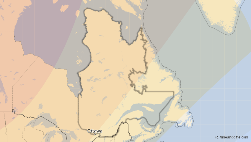 A map of Québec, Kanada, showing the path of the 14. Jan 2029 Partielle Sonnenfinsternis