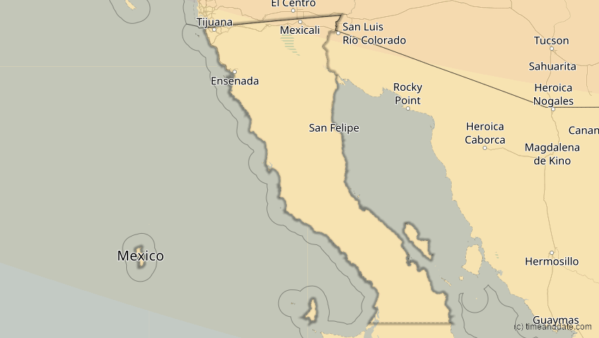 A map of Baja California, Mexico, showing the path of the Jan 14, 2029 Partial Solar Eclipse