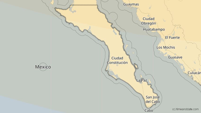A map of Baja California Sur, Mexiko, showing the path of the 14. Jan 2029 Partielle Sonnenfinsternis