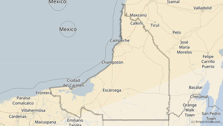 A map of Campeche, Mexiko, showing the path of the 14. Jan 2029 Partielle Sonnenfinsternis